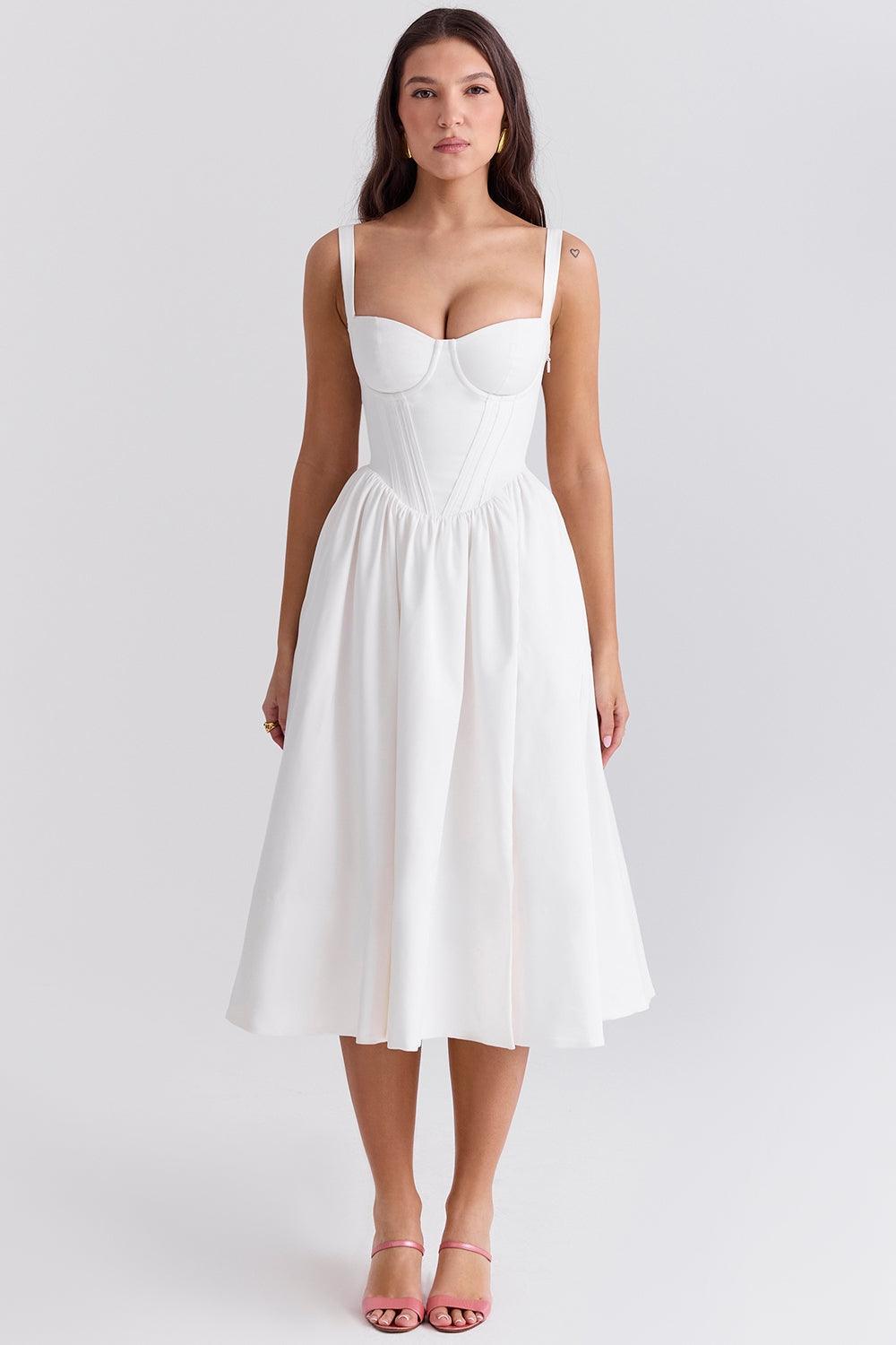 Vestido Midi Branco com Decote Estruturado